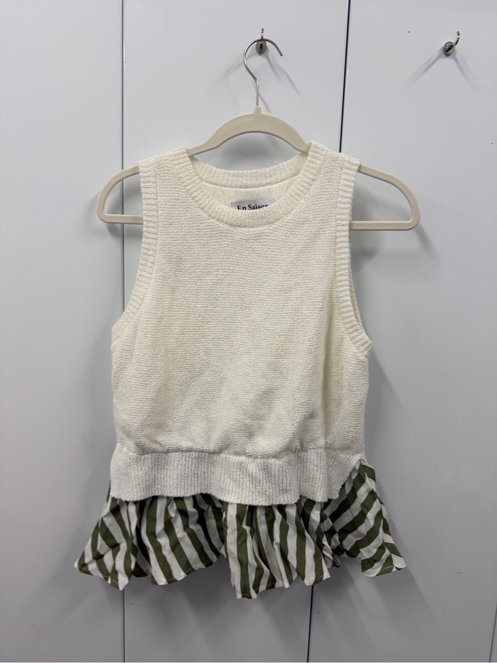 En Saison Cream Knit Tank with Green Stripe Ruffle Hem